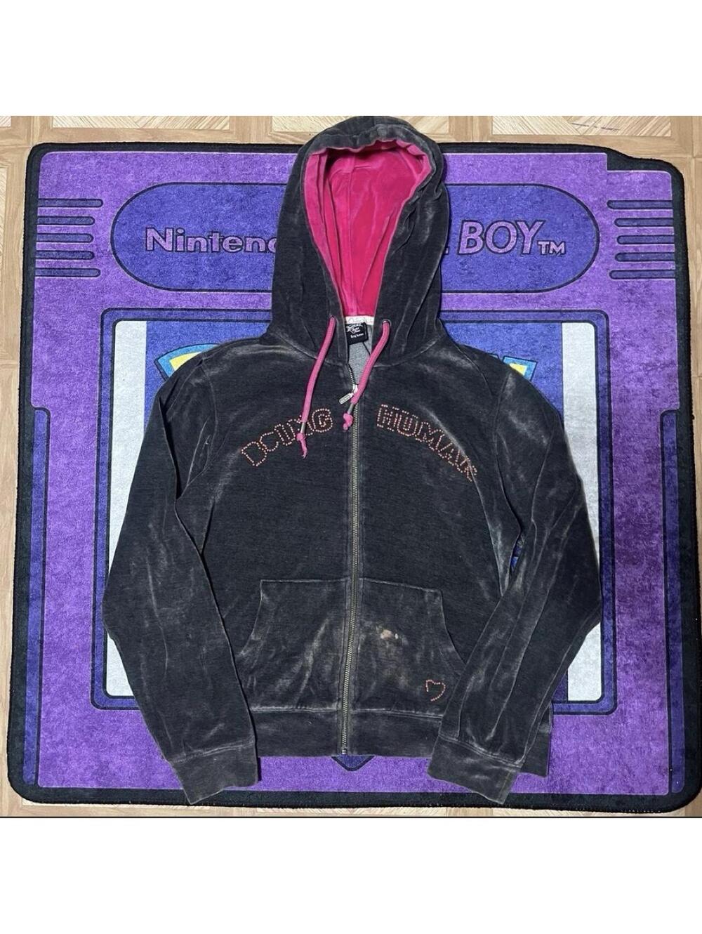 90’s y2k Black & pink goth velvet XL emo women’s zip up